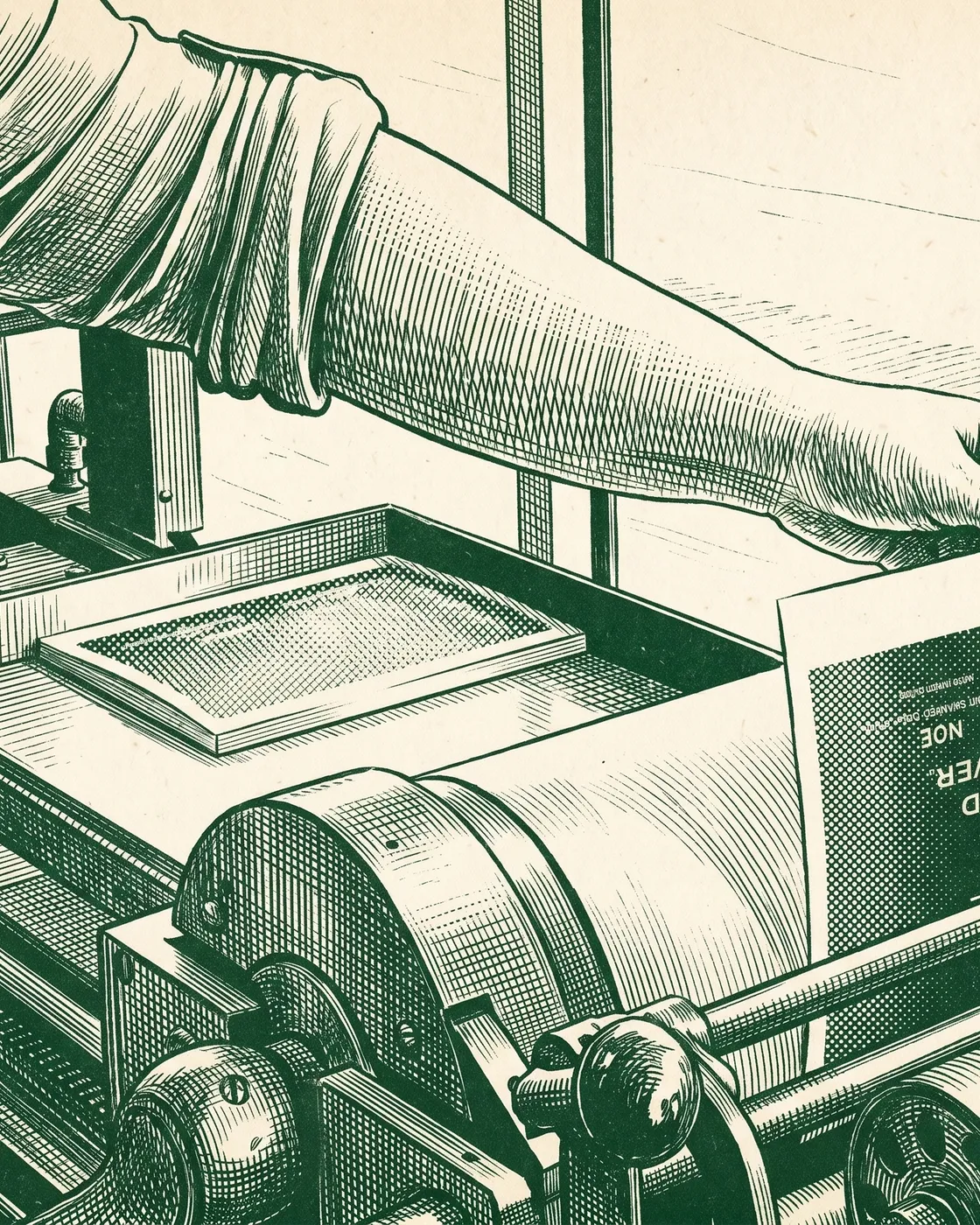 Line illustration of a hand pulling a freshly printed letterpress card off a Vandercook proof press