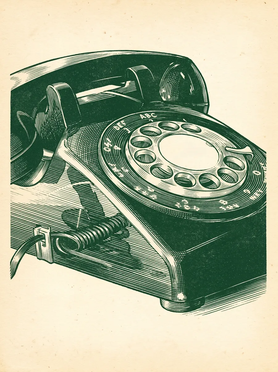 A vintage rotary telephone on a wooden surface, evoking the handmade, conversational nature of our letterpress studio.