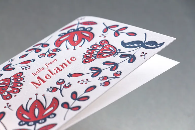 Two-color letterpress folding note card on cream cotton paper