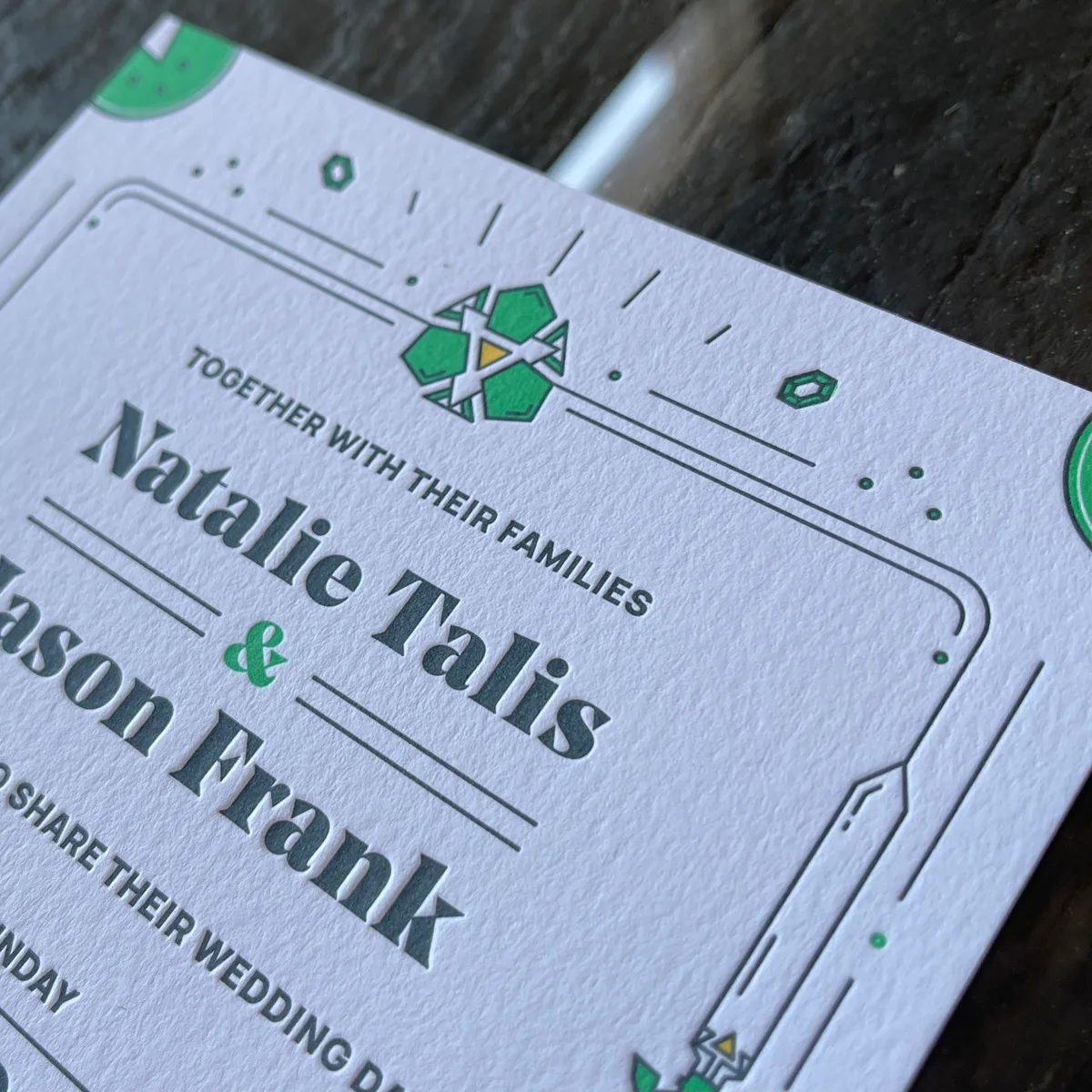 Three-color letterpress wedding invitation suite
