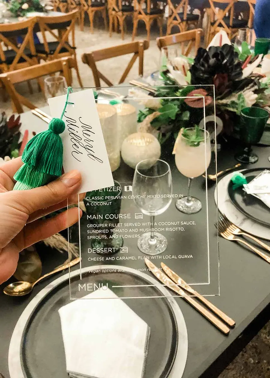 Acrylic screenprinted reception menu with green tassel