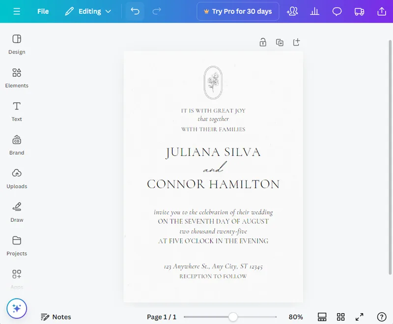 Canva template “White and Black Classic Wedding Invitation” loaded in the editor