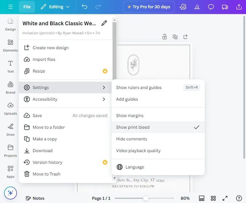 Canva File > Settings menu with Show print bleed enabled