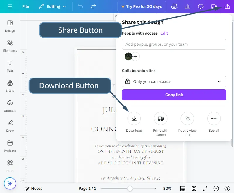 Canva Share panel with arrows pointing to the Share and Download buttons