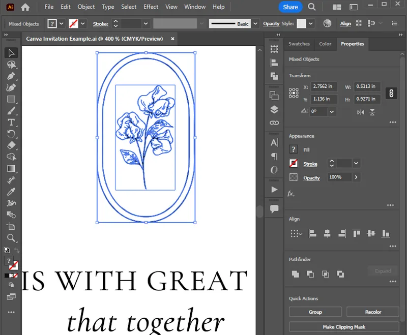Downloaded Canva PDF opened in Adobe Illustrator with the vector botanical illustration selected