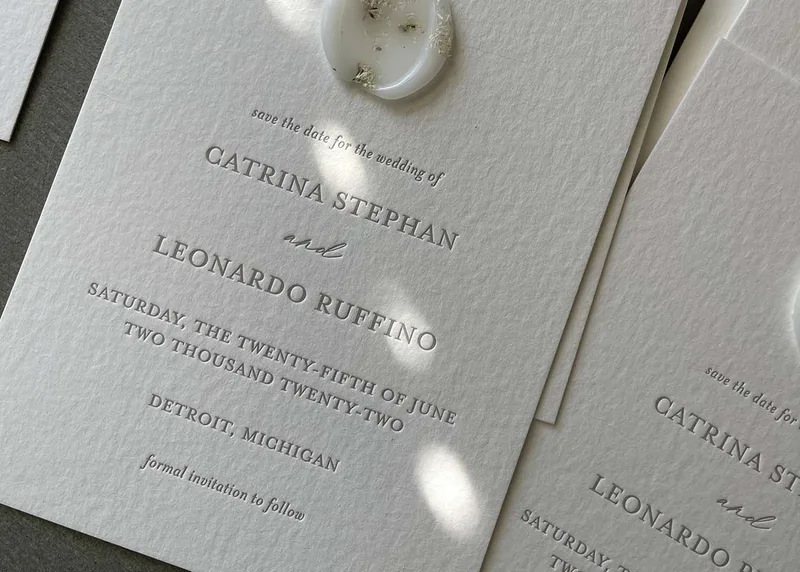 Letterpress save the date on Arturo with wax seal