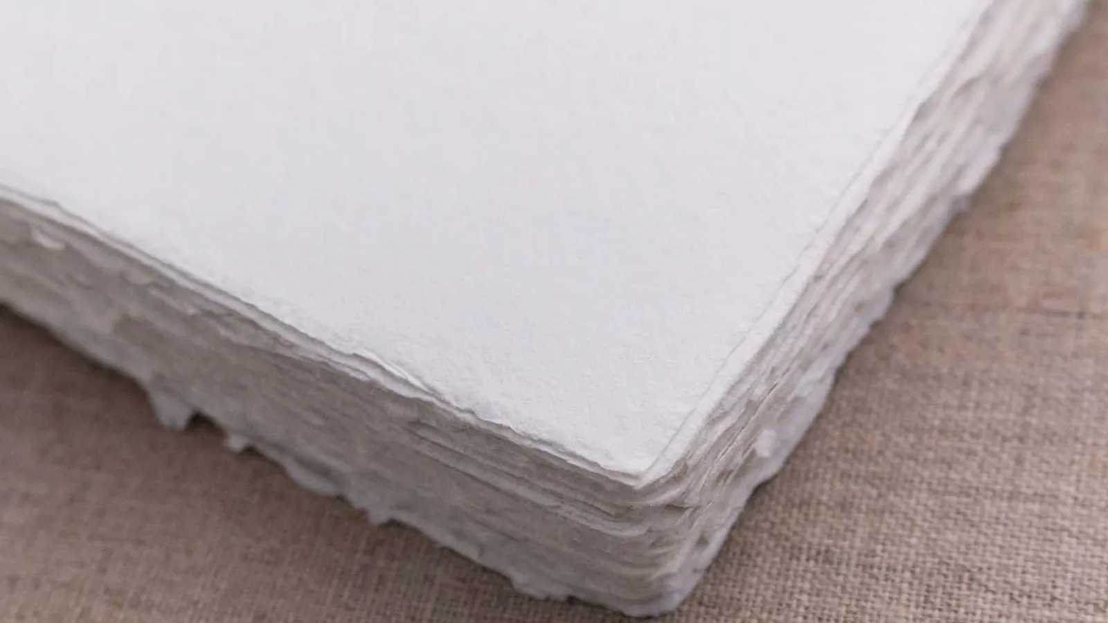 Close-up of the textured surface of a handmade paper sheet, with visible cotton fibers and a soft deckled edge.