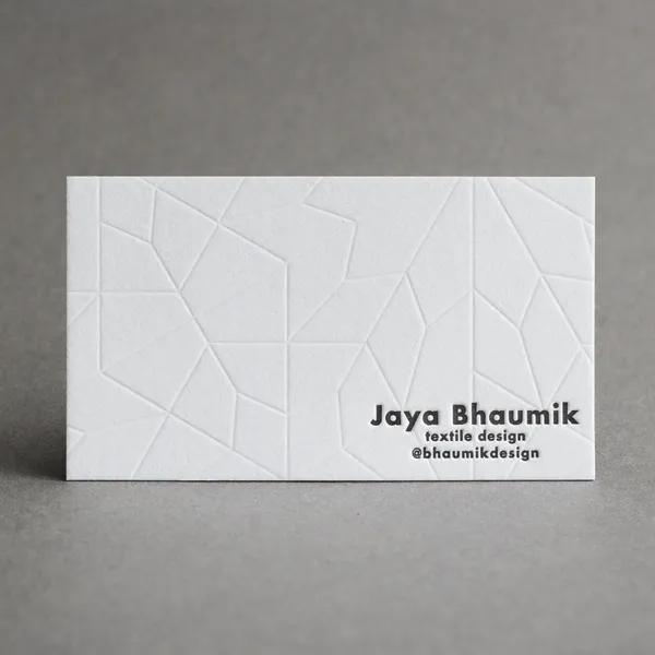 Letterpress business card with a fractal pattern in blind deboss and letterpress ink