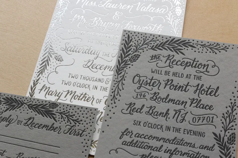 Modern calligraphy letterpress and foil stamped wedding invitation suite on cotton paper