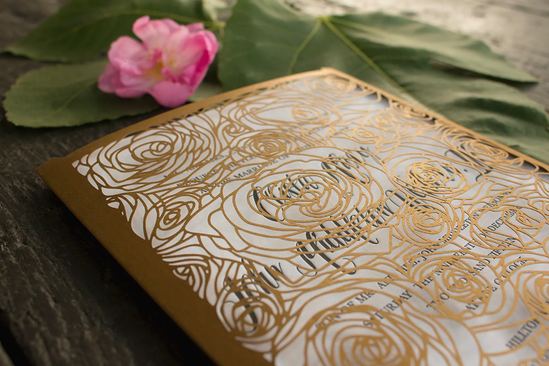 Laser cut folder holding a letterpress wedding invitation suite on cotton paper