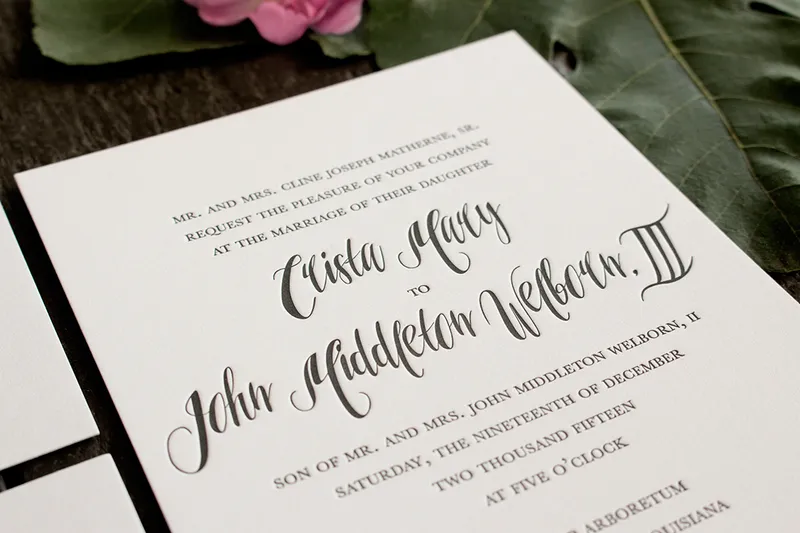 Black ink letterpress wedding invitation on white cotton paper