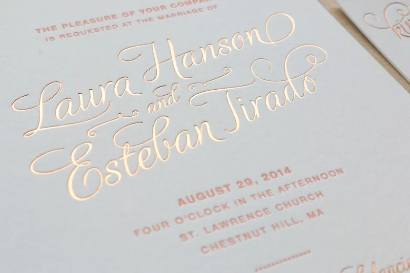 Rose gold foil and letterpress wedding invitation suite