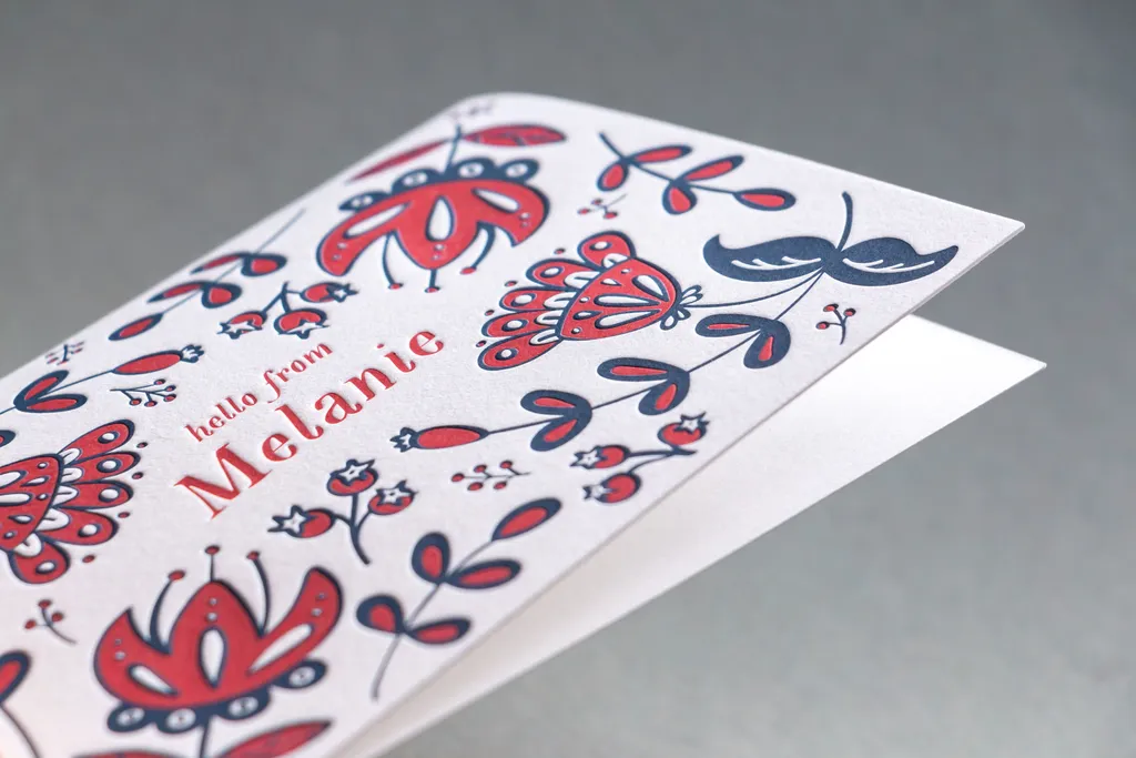 Two-color letterpress folding note card with matching envelope