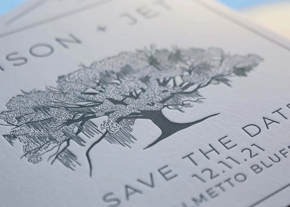 Close-up of deep letterpress impression showing texture on 220lb Neenah Cotton paper